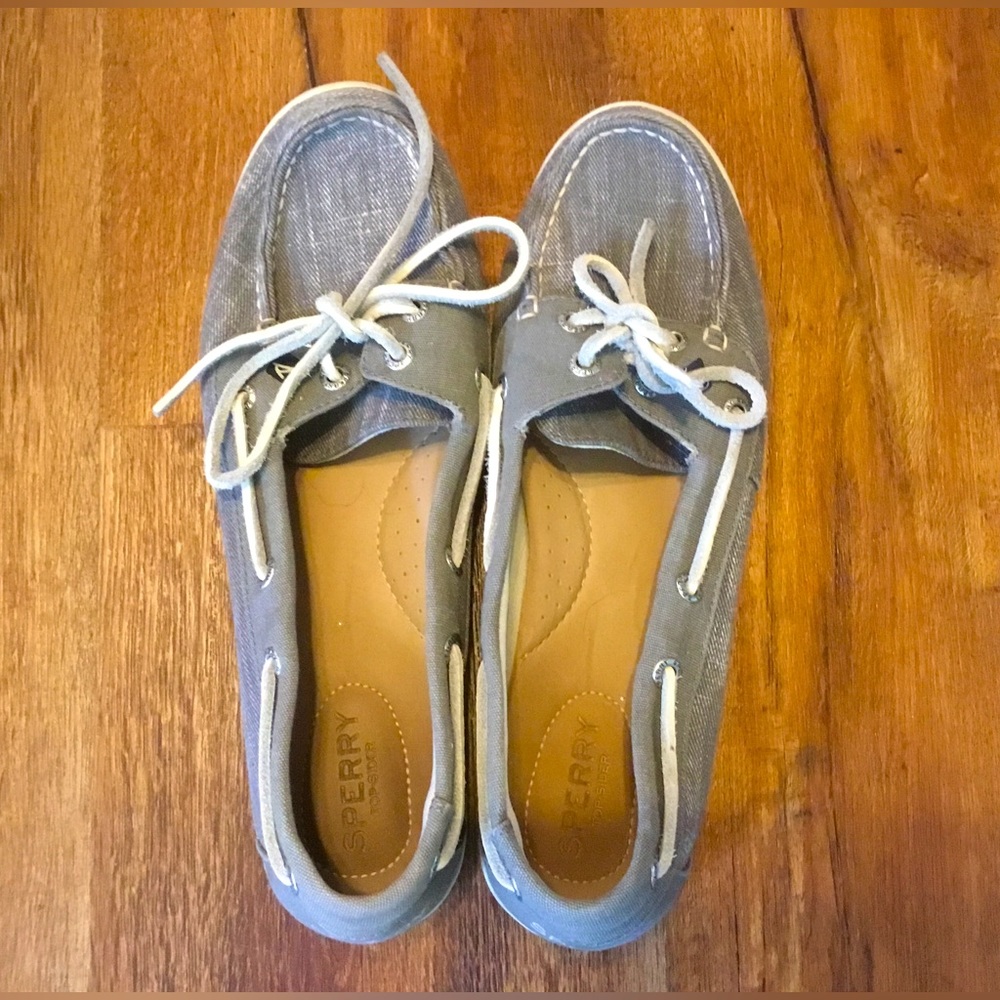 Women’s size 9.5 grey and white Sperrys.